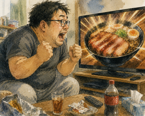 グルメアニメを見て興奮する中年男性