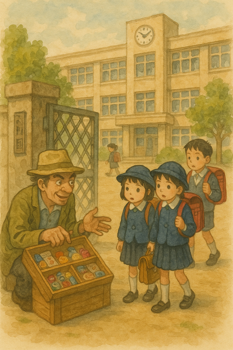 学校の校門前でモノを売る変なオッサン