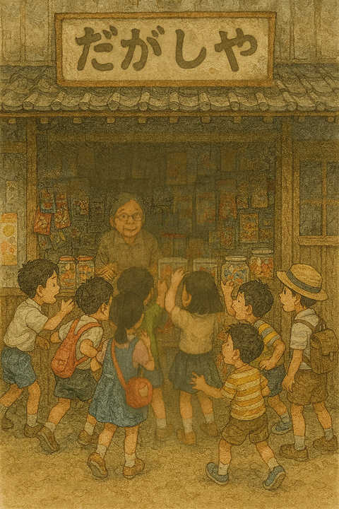 昭和の駄菓子屋に殺到する子供