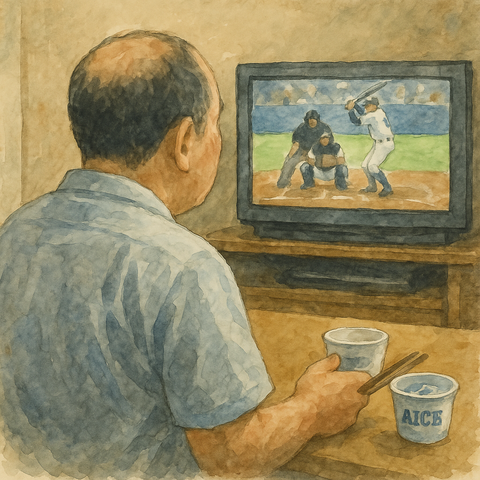 テレビで野球を見る中年男性