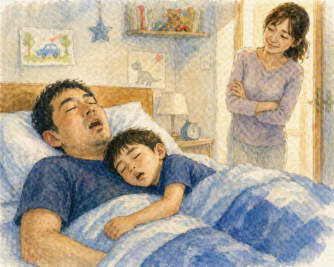 息子と父親の爆睡と母親