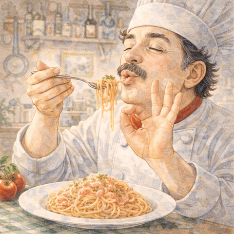 たらこパスタに舌つづみを打つイタリア人シェフ
