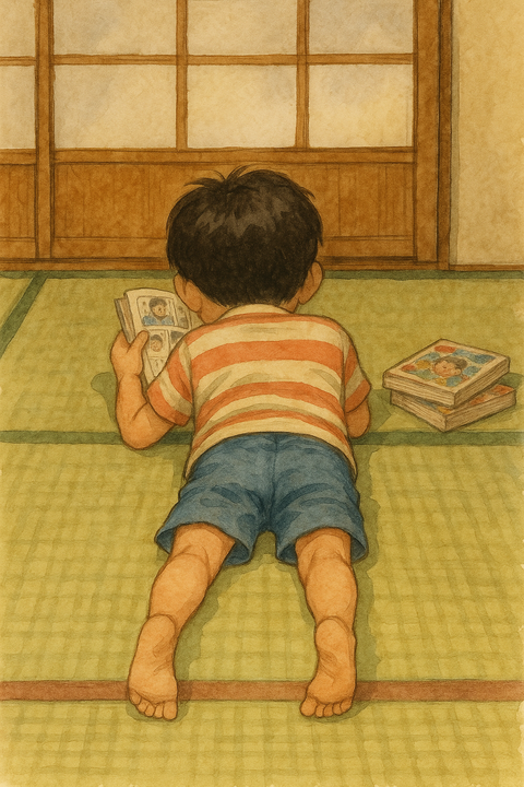 寝転んで漫画を読む子供