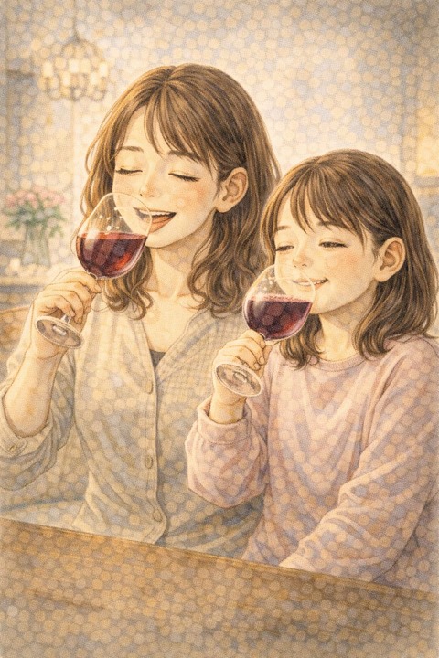 ワインとぶどうジュースをたしなむ女性と女の子