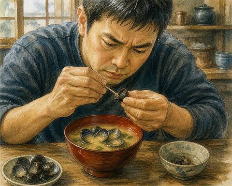 シジミ味噌汁に真剣な男性