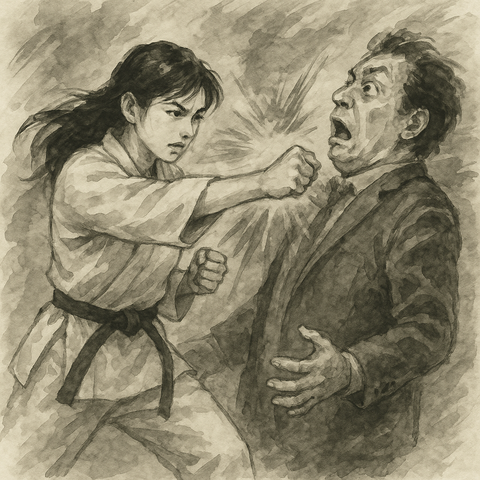 空手着姿の女性が正拳突き