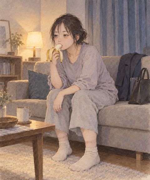 無表情のままバナナを食べる女性
