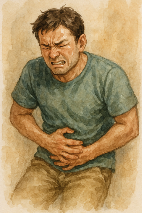 腹部の痛みで苦しむ男性