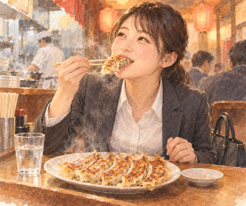 餃子を食べるOL