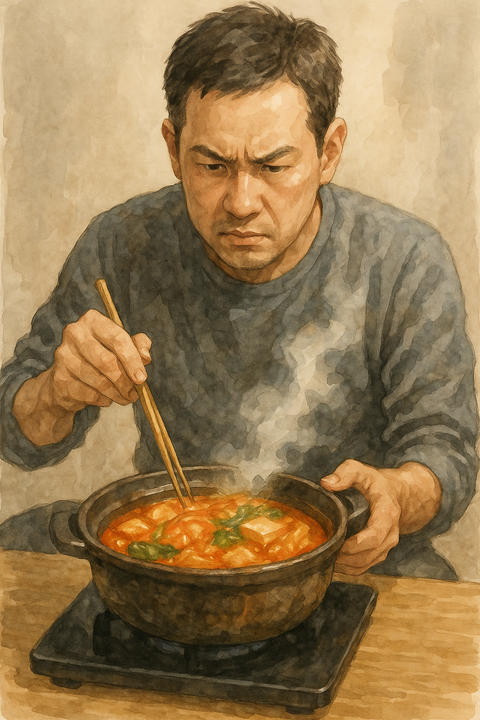真剣にキムチ鍋を作る中年男性