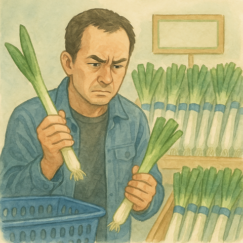 真剣にネギを選ぶ男性