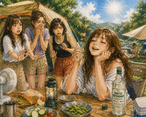 キャンプ場で酒にキマッた女性
