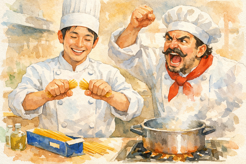 パスタを折る料理人と怒るシェフ