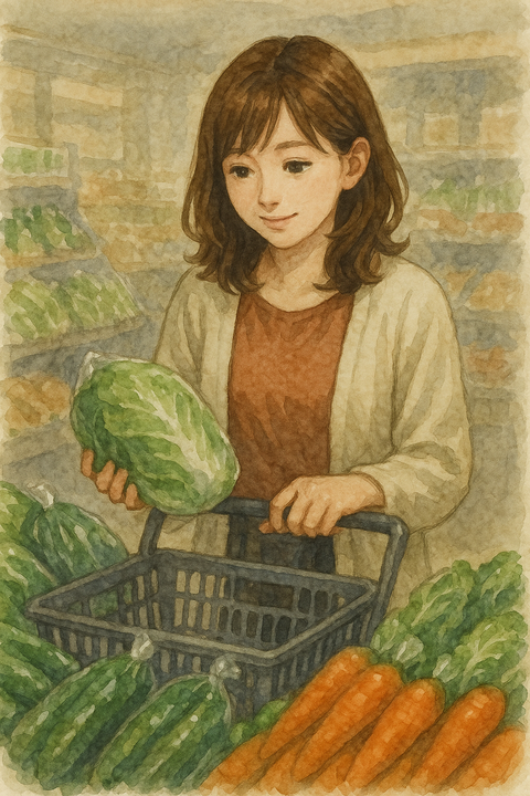 野菜売り場で野菜を選ぶ女性