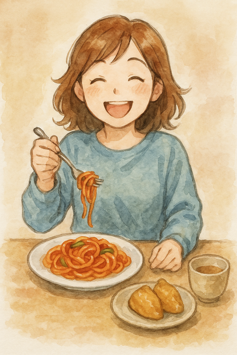 ナポリタンといなりずしの昼食嬉しそうな女性