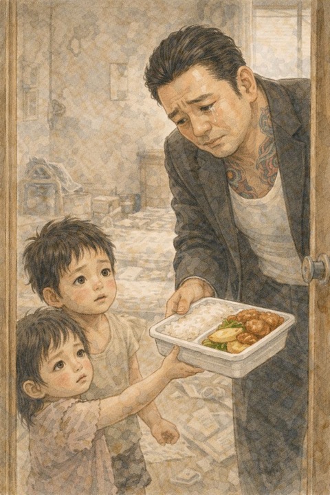 ボロボロの服の子供に弁当を渡すヤクザ