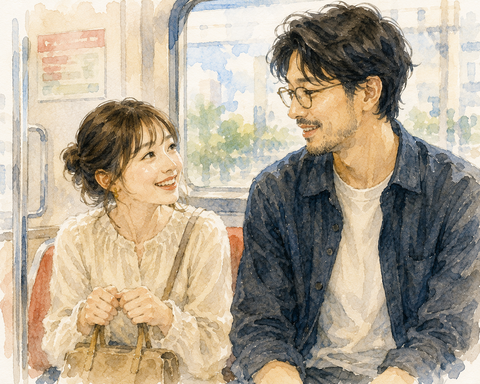 電車にて話す男女