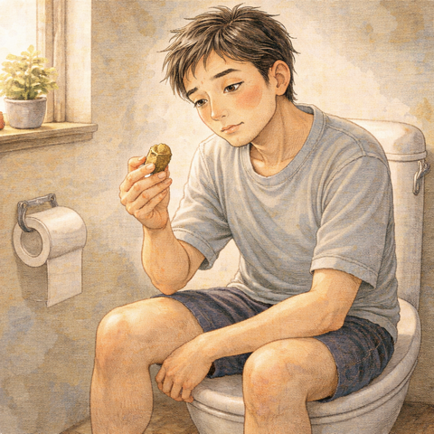 トイレでコルクを手にする男