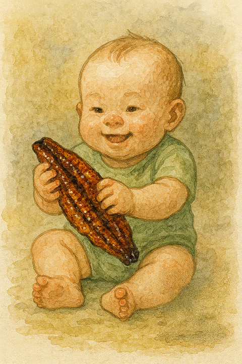 鰻のかば焼きを手づかみする赤ちゃん