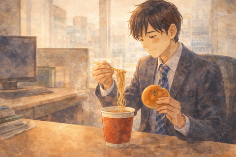 サラリーマンのアンパンとカップラーメンの昼食