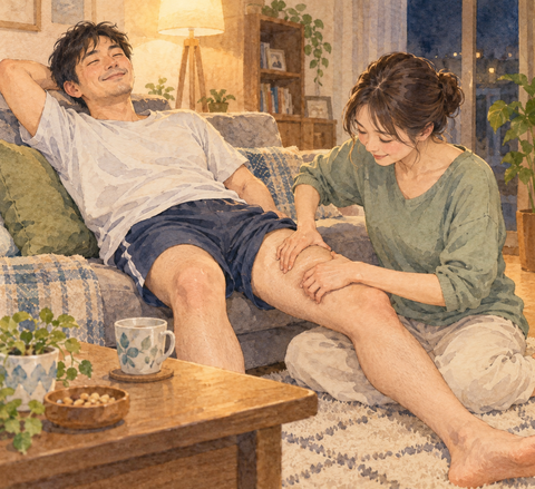 嫁にマッサージされていい気分の夫