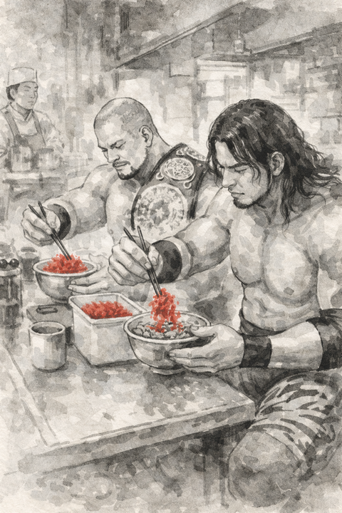 牛丼に紅しょうがを入れるプロレスラー