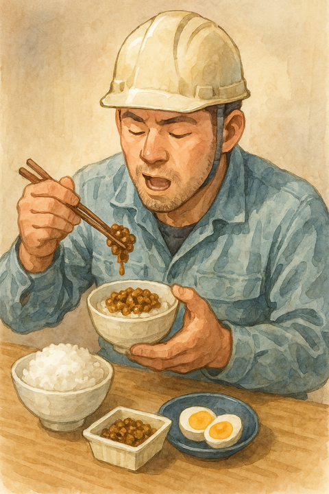 白ご飯と茹で卵納豆の朝食