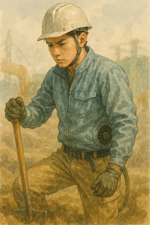 空調服を着て現場で仕事する若手職人