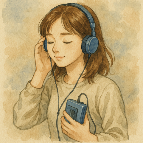 ウォークマンで音楽を聴く女性