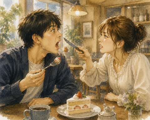 ケーキを食べる男性を調教する女性