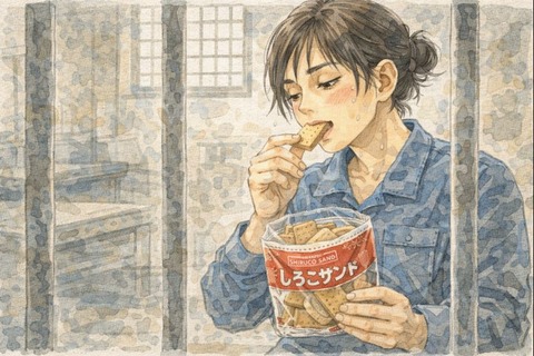 拘置所でしるこサンドを食べる女性