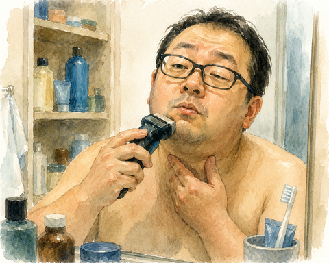電動髭剃りで髭を剃る男性
