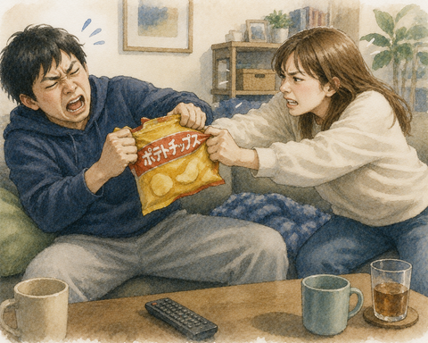 ポテトチップスの奪い合いをする男女