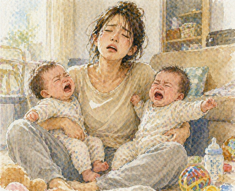 大泣きする双子の赤ちゃんと疲れた母親