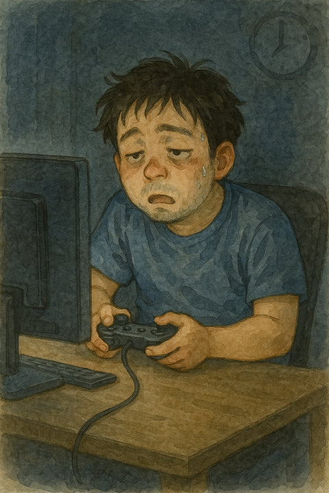 オンラインゲームで眠そうな男性