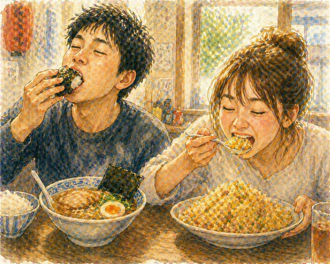 ラーメンの海苔でライス男性とチャーハン女性