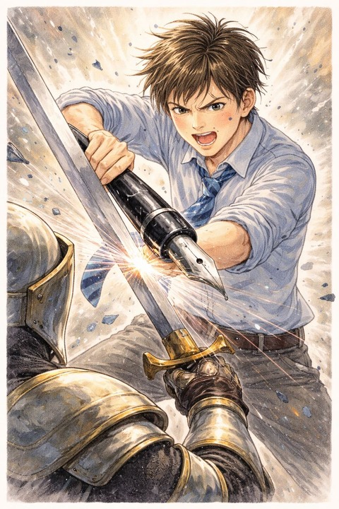 ペンで剣と戦う男性