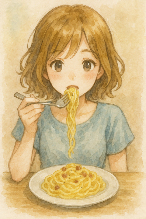 カルボナーラを食べる女性