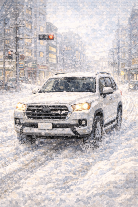 四駆SUVで街中の雪道を走る