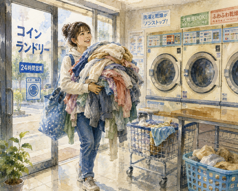 コインランドリーで服を洗濯する女性