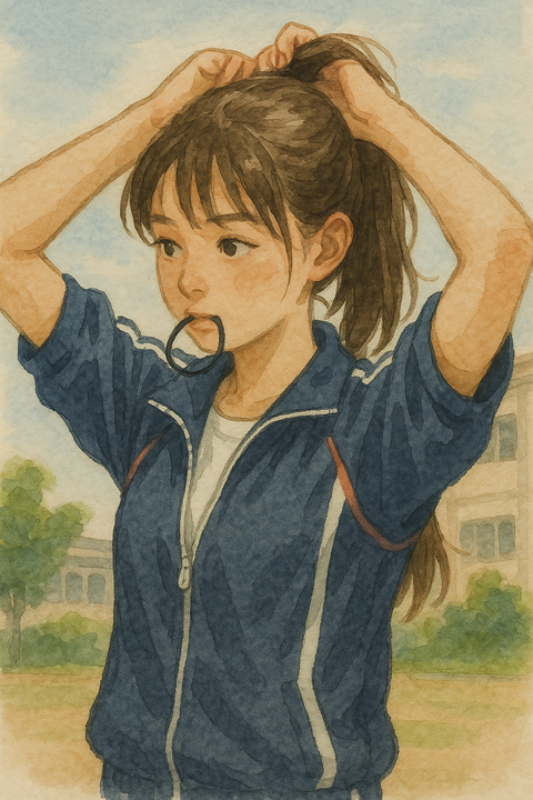 髪を束ねる女子高生