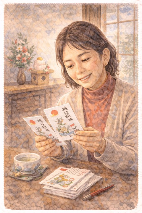 年賀状を見る女性