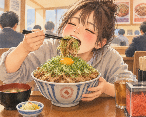 牛丼大盛ねぎだくギョク　かきこむ女性