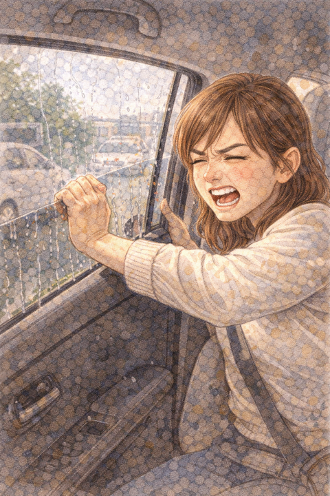 車の窓を閉める女性