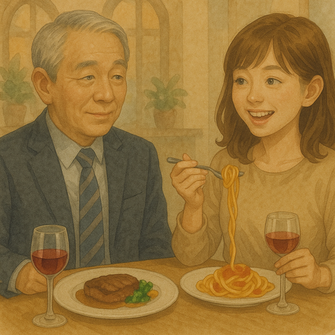 食事する初老男性と25歳女子社員