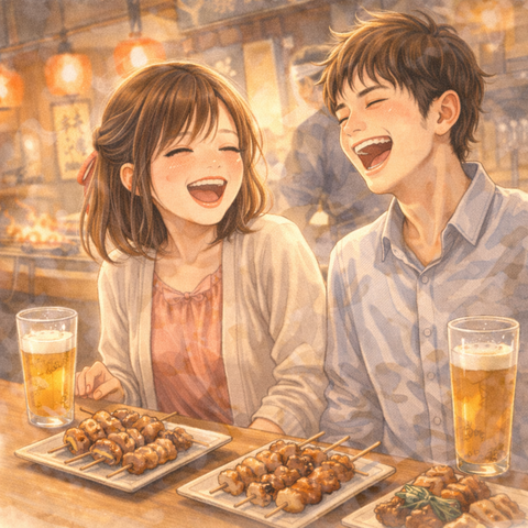 焼鳥屋でデートする男女
