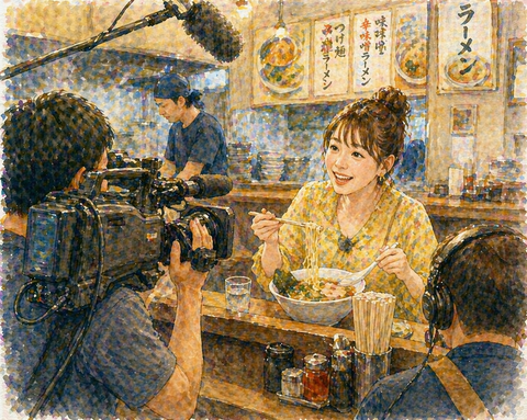 ラーメン屋でロケするタレントの風景