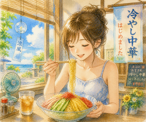 冷やし中華を食べる女性