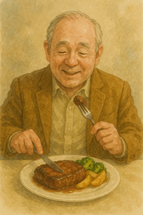 ステーキを食べる初老男性