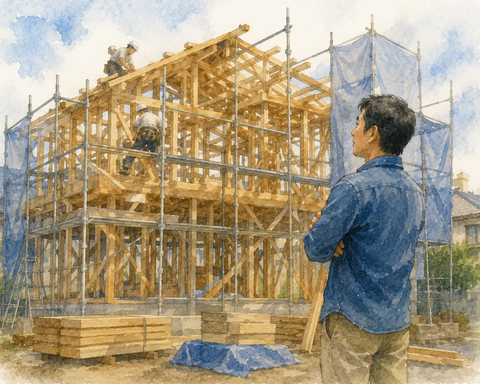 家　建築中　見守る男性
